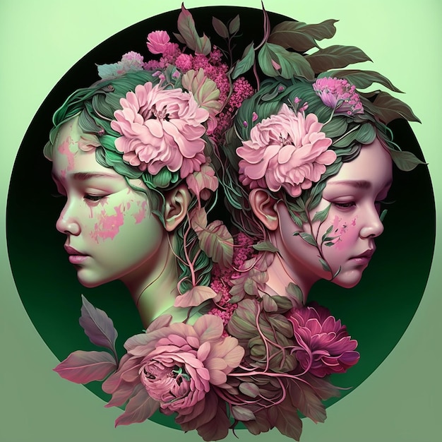 Un dipinto di due ragazze con fiori in testa.