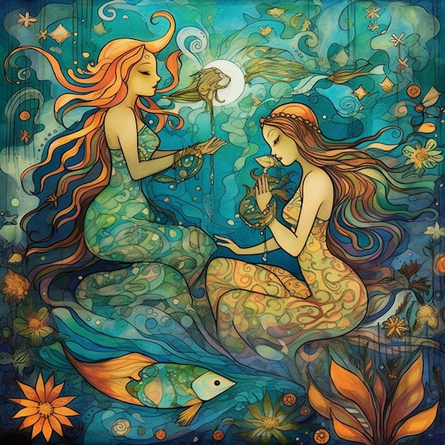 Un dipinto di due sirene, una delle quali è una sirena.