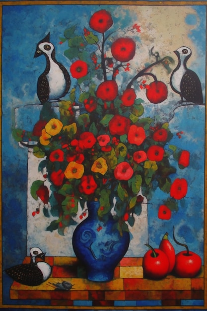 Un dipinto di due uccelli e un vaso di fiori con sopra due uccelli.