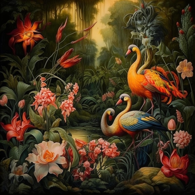 Un dipinto di due uccelli in una giungla con fiori e un fenicottero rosa.
