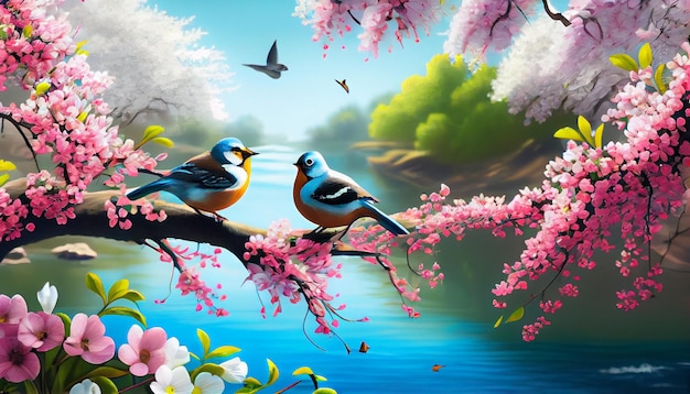 Un dipinto di due uccelli su un ramo con fiori di ciliegio