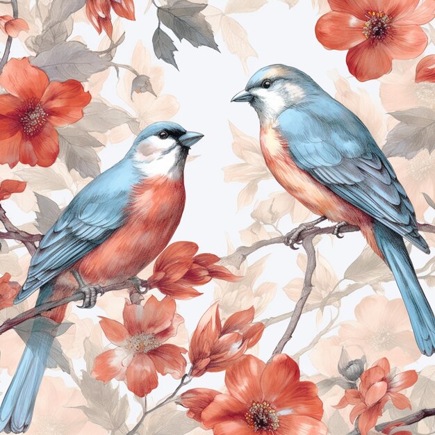Un dipinto di due uccelli su un ramo con fiori rossi.