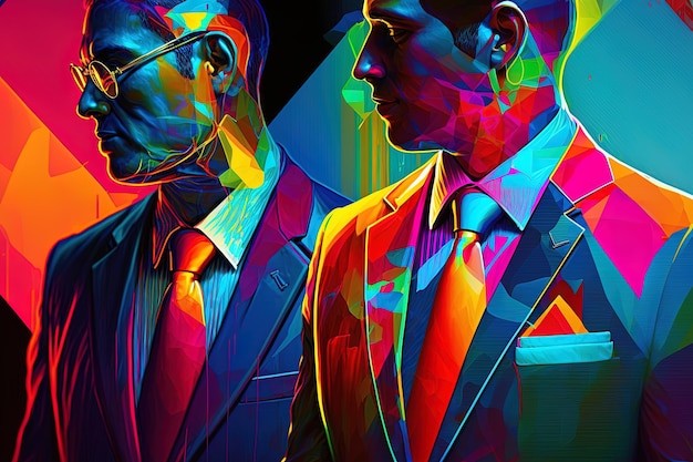 Un dipinto di due uomini con colori vivaci e uno ha una cravatta nera.