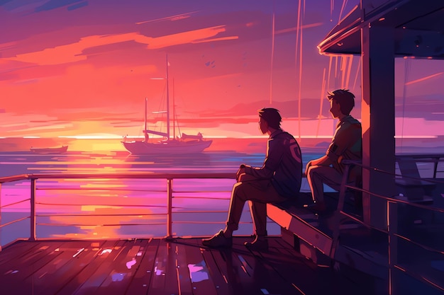 Un dipinto di due uomini seduti su un ponte che si affaccia sull'oceano.