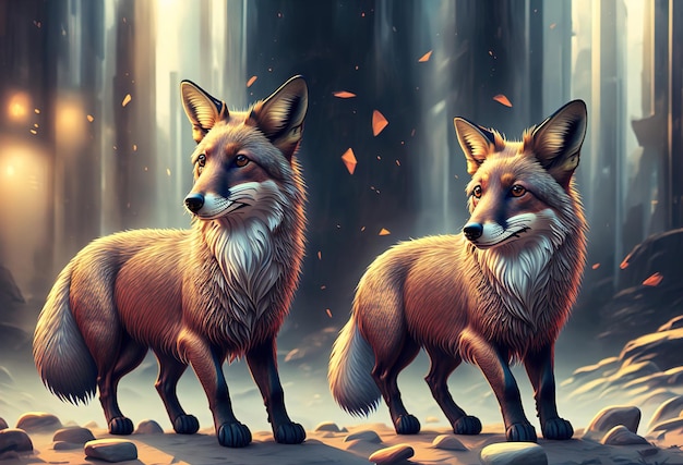 Un dipinto di due volpi in una foresta.