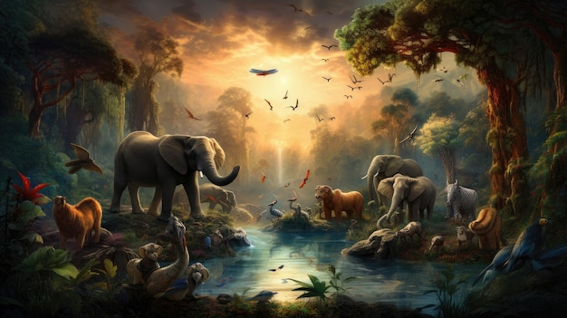 un dipinto di elefanti ed elefanti nella giungla.