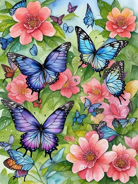 Un dipinto di farfalle con fiori rosa e farfalle.
