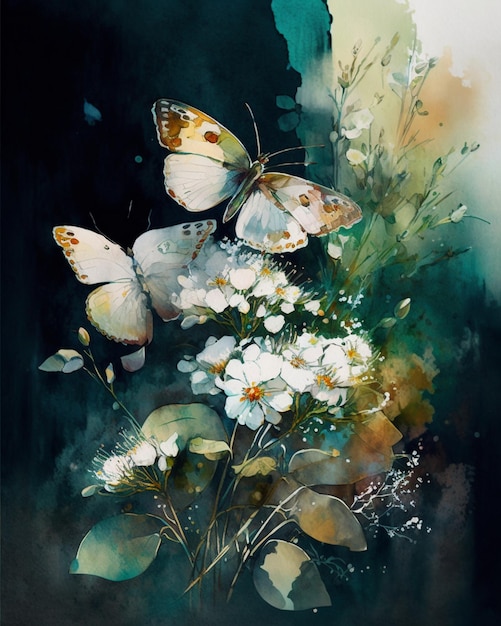 Un dipinto di farfalle e fiori in una stanza buia.