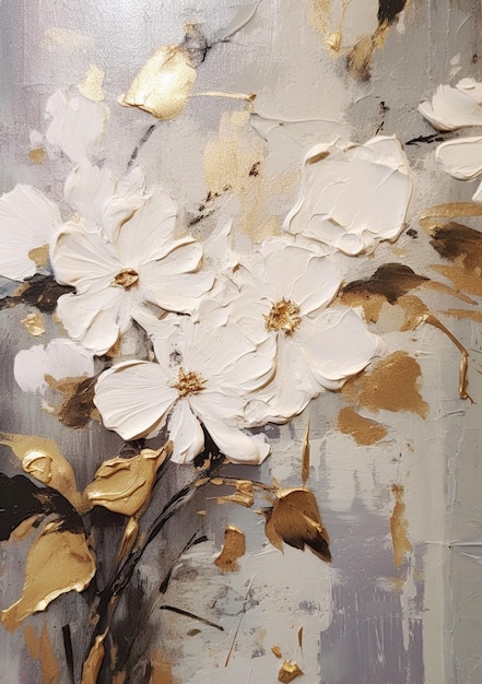 Un dipinto di fiori bianchi con foglie d'oro
