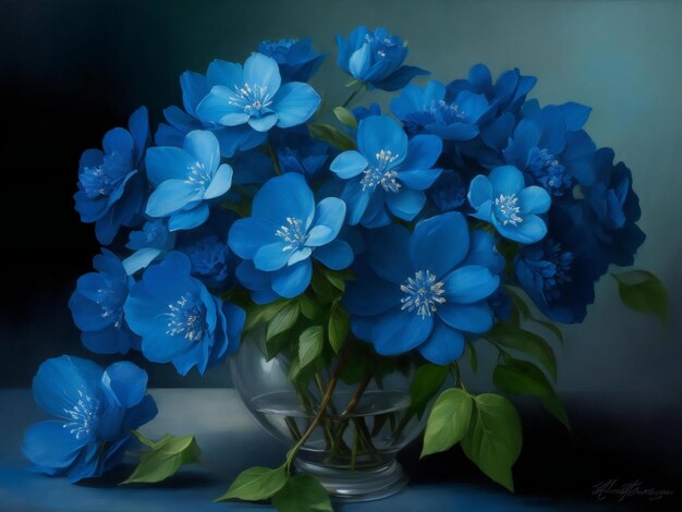 Un dipinto di fiori blu con le parole blu sul fondo ai generato