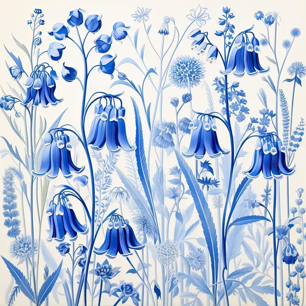 Un dipinto di fiori blu su uno sfondo bianco