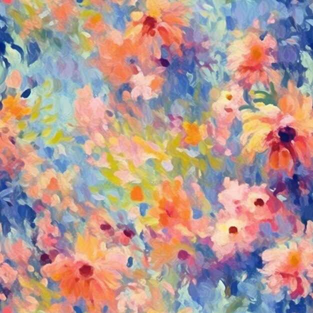 Un dipinto di fiori che sono blu e arancioni