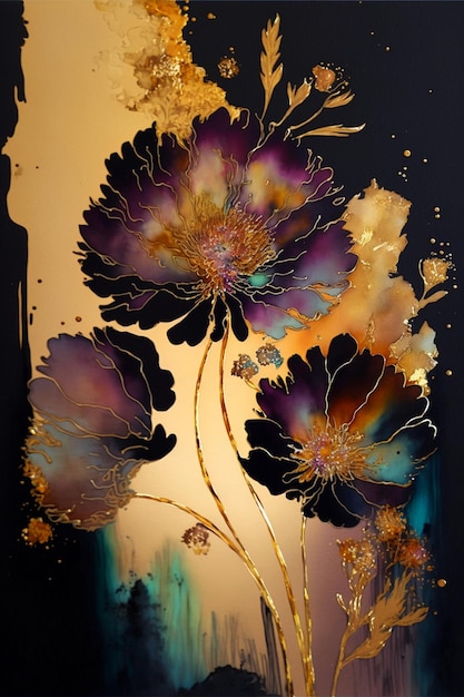 Un dipinto di fiori con colori oro e nero.
