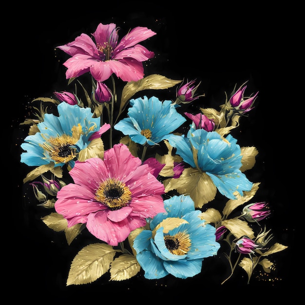 Un dipinto di fiori con fiori rosa e blu su sfondo nero.