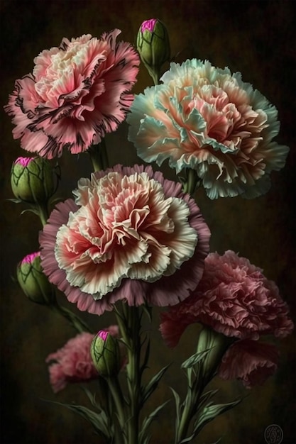 Un dipinto di fiori con il nome di garofani.