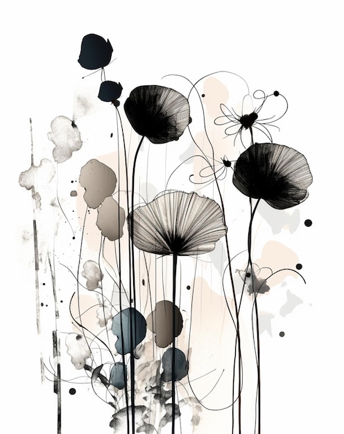 Un dipinto di fiori con sfondo bianco e nero.
