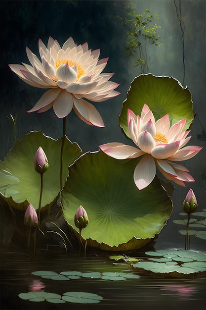 Un dipinto di fiori di loto con la parola loto sul fondo.