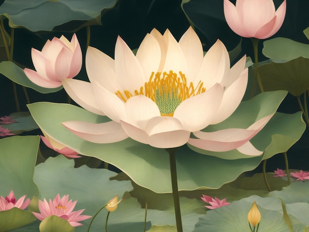 un dipinto di fiori di loto in uno stagno