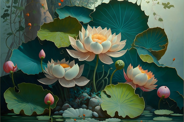 Un dipinto di fiori e foglie di loto