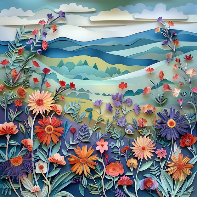 un dipinto di fiori e montagne con la parola primavera in fondo