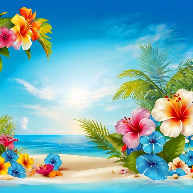 un dipinto di fiori e palme su una spiaggia