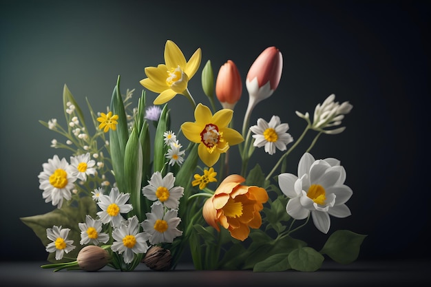 Un dipinto di fiori e tulipani con uno sfondo scuro.