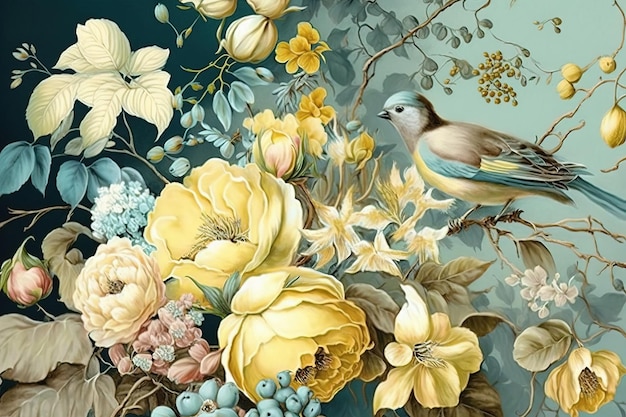Un dipinto di fiori e un uccello su un ramo