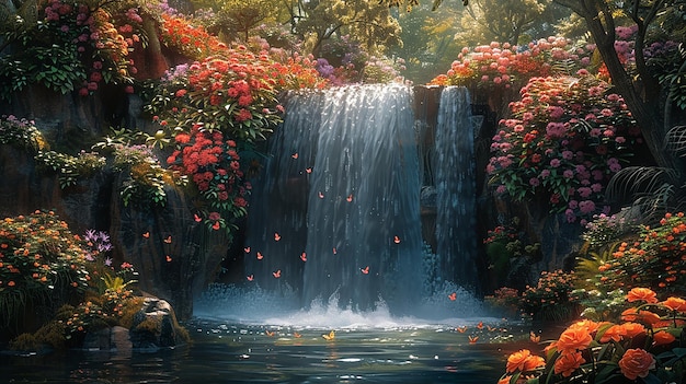 un dipinto di fiori e una cascata con fiori in primo piano