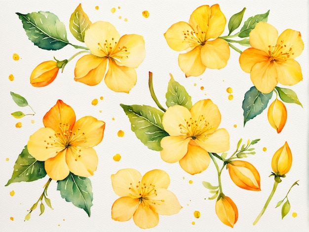un dipinto di fiori gialli con foglie verdi e foglie gialle