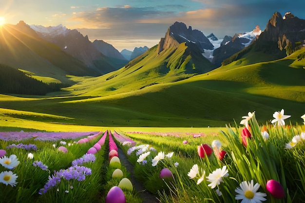 Un dipinto di fiori in un campo con le montagne sullo sfondo.