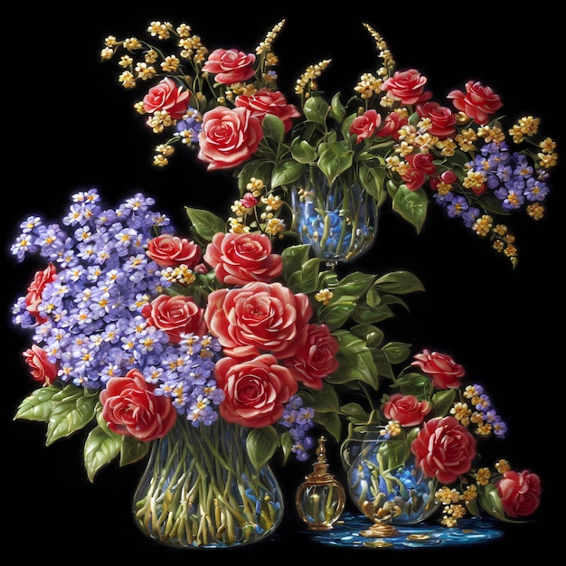 Un dipinto di fiori in un vaso con fiori viola.