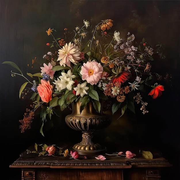 Un dipinto di fiori in un vaso su un tavolo