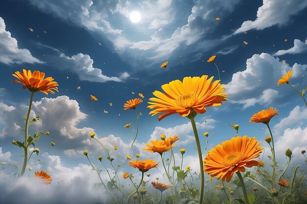 un dipinto di fiori nell'erba con il cielo sullo sfondo