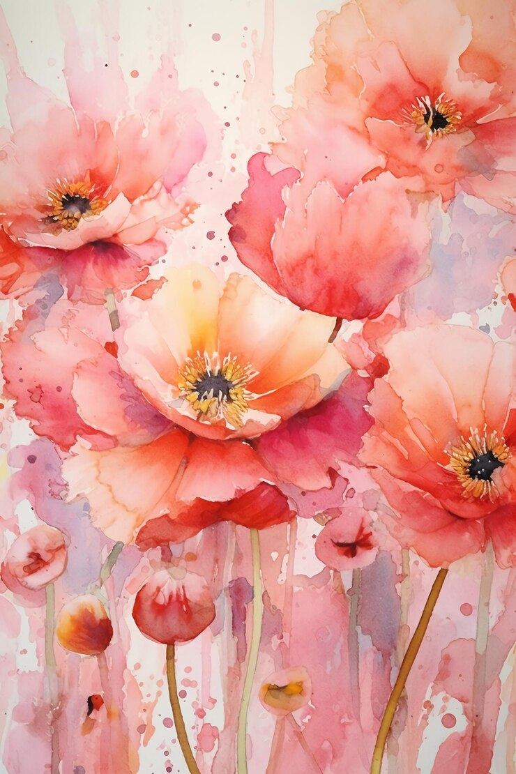 Un dipinto di fiori rosa con la parola papaveri su di esso