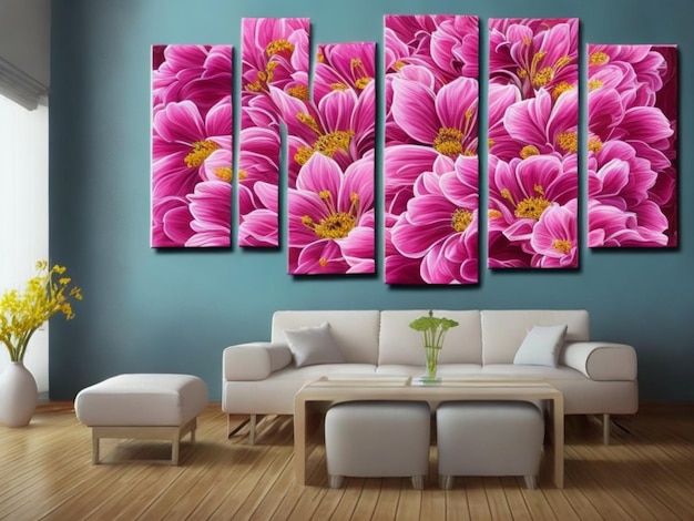 Un dipinto di fiori rosa è esposto su una parete.