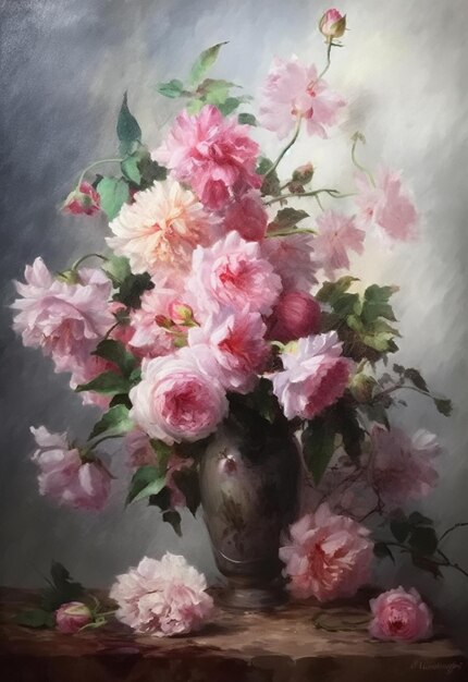 Un dipinto di fiori rosa in un vaso con foglie verdi.