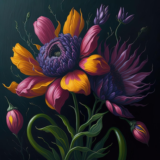 Un dipinto di fiori su uno sfondo scuro