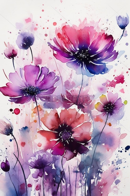 Un dipinto di fiori viola con uno sfondo viola.
