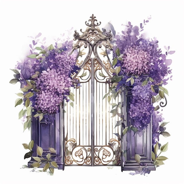 Un dipinto di fiori viola e un cancello con sopra la scritta "lilac".