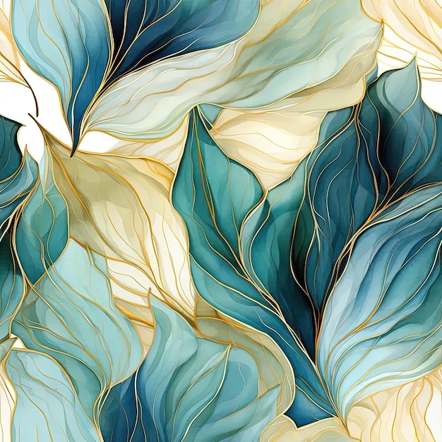 Un dipinto di foglie con colori blu e giallo