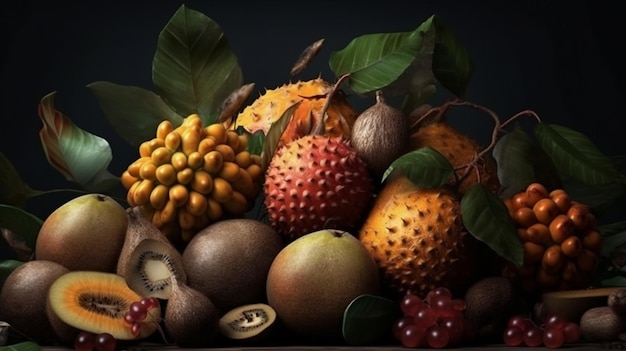 Un dipinto di frutta con foglie e la scritta "mango" sul fondo.