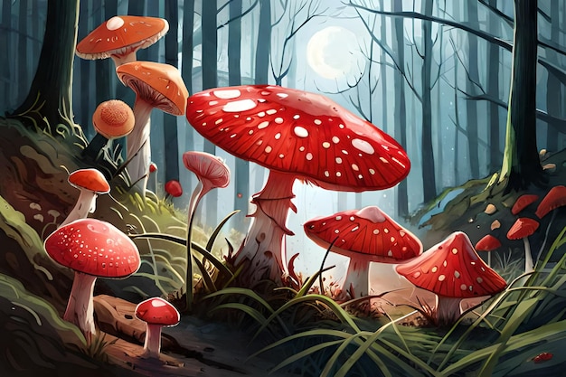 Un dipinto di funghi in una foresta con la luna sullo sfondo.