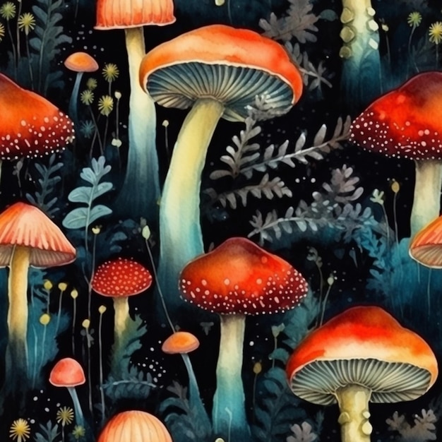 Un dipinto di funghi in una foresta con uno sfondo nero.