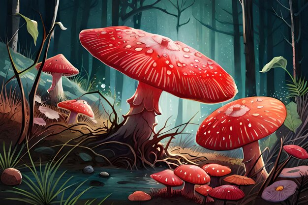 Un dipinto di funghi in una foresta oscura
