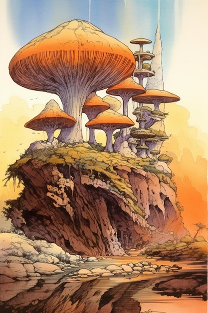 Un dipinto di funghi su una scogliera con una montagna sullo sfondo.