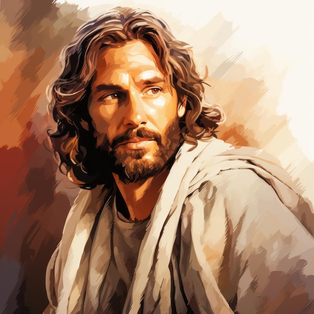 un dipinto di Gesù con capelli e barba lunghi