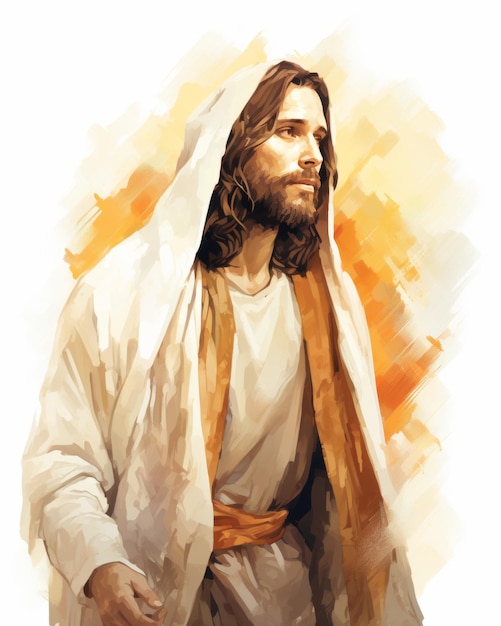 un dipinto di Gesù in piedi davanti a uno sfondo bianco