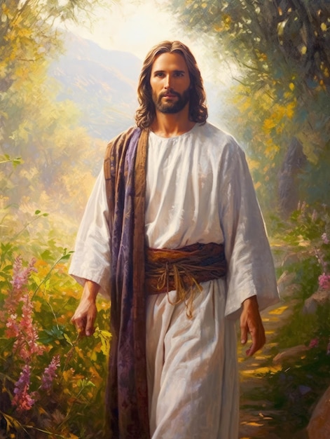 Un dipinto di Gesù in piedi in una foresta con un fiore rosa sullo sfondo