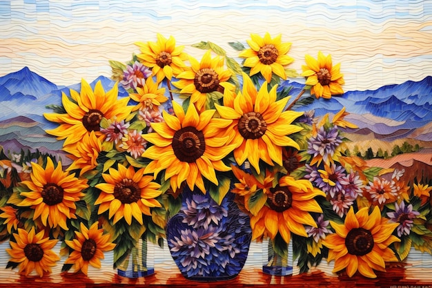 Un dipinto di girasoli con un vaso di fiori