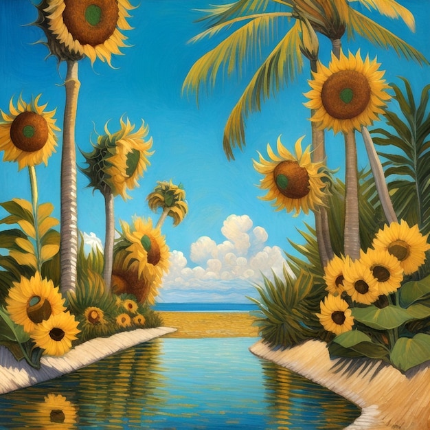un dipinto di girasoli e palme vicino a uno specchio d'acqua con un cielo blu sullo sfondo